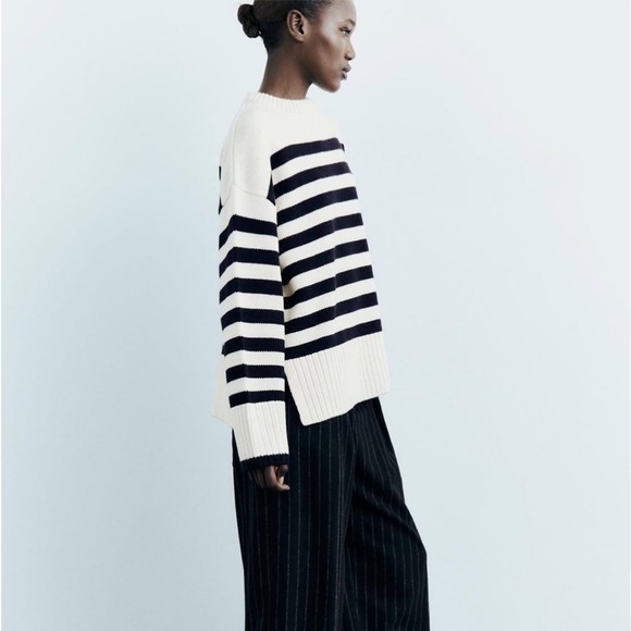 Zara Wool Striped Sweater Cream Black - Picture 2 of 10